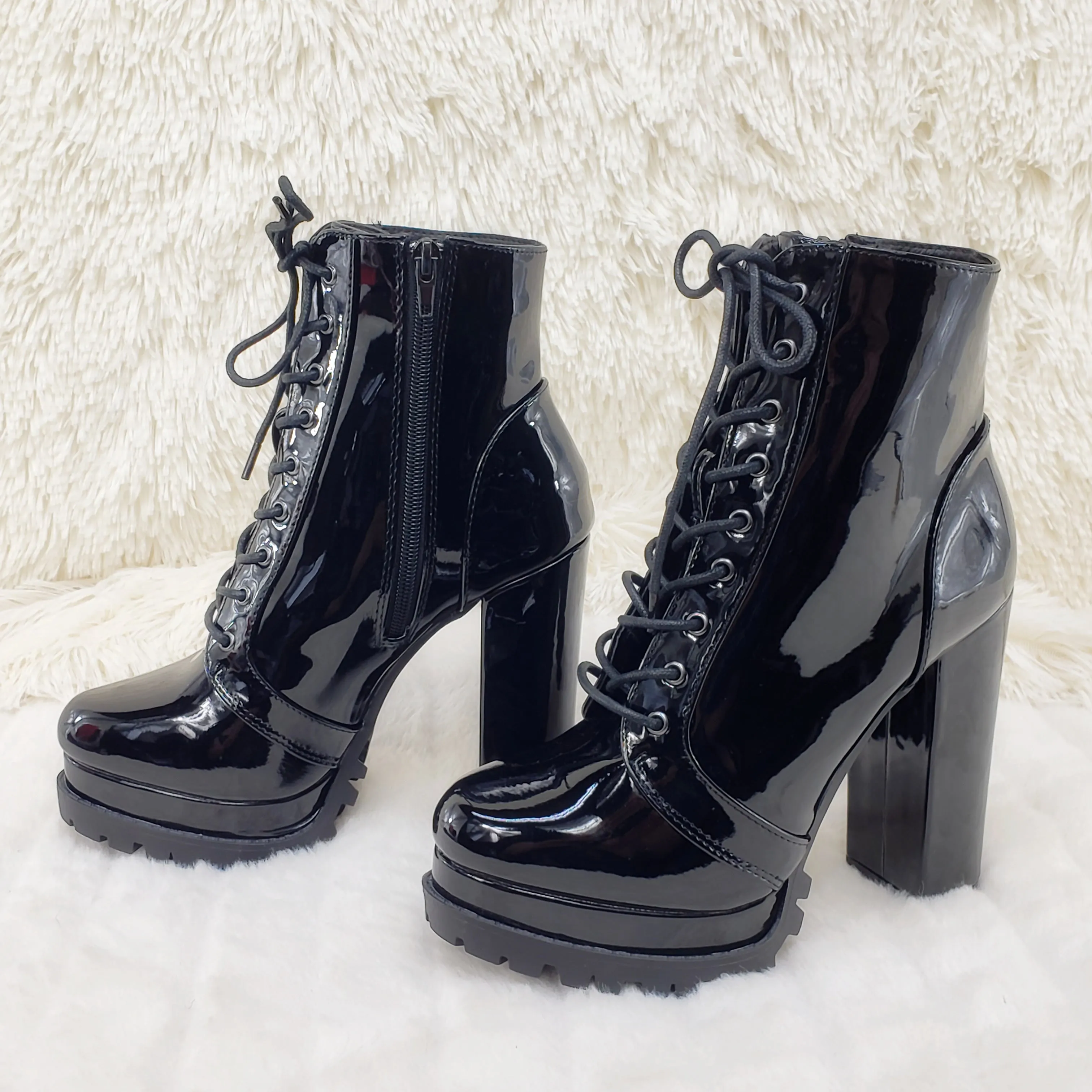 Wild Diva Vivian Black Patent Chunky Heel Platform Ankle Boots