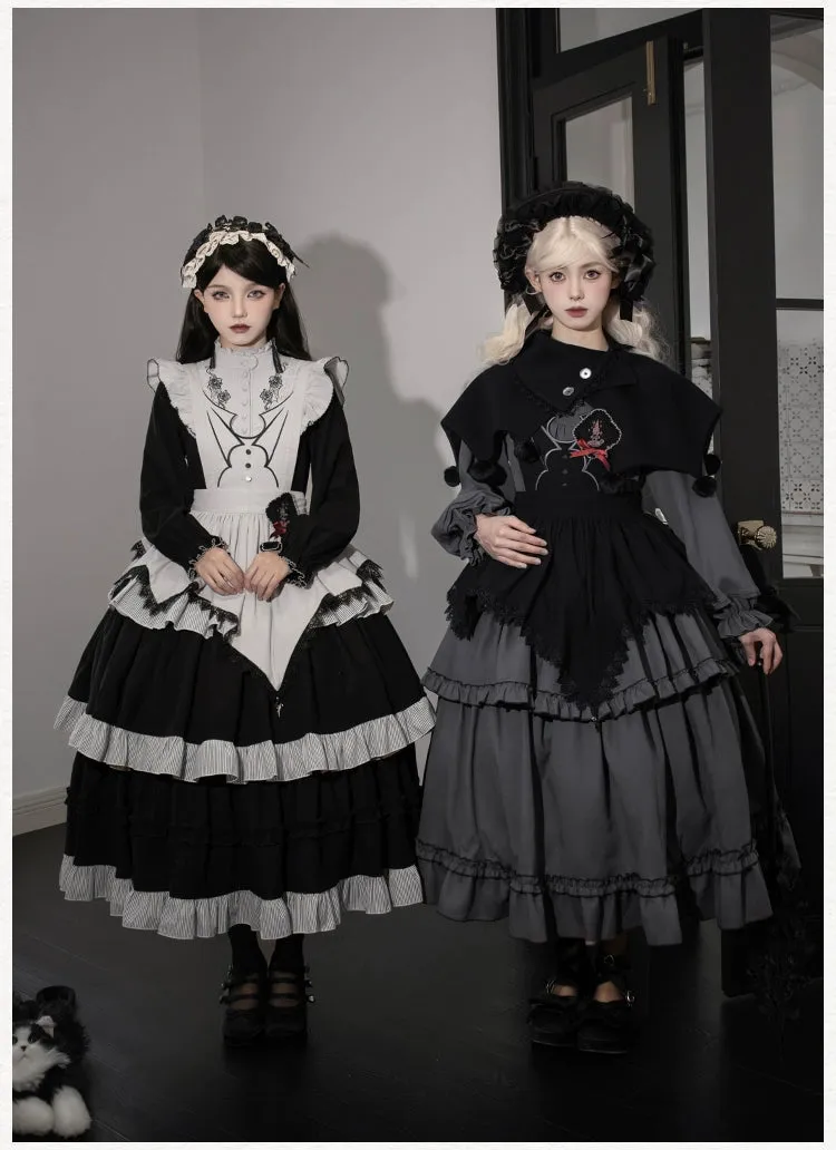 With PUJI~Castle Night~Gothic Twins Lolita OP Three-tiered Embroidery Dress