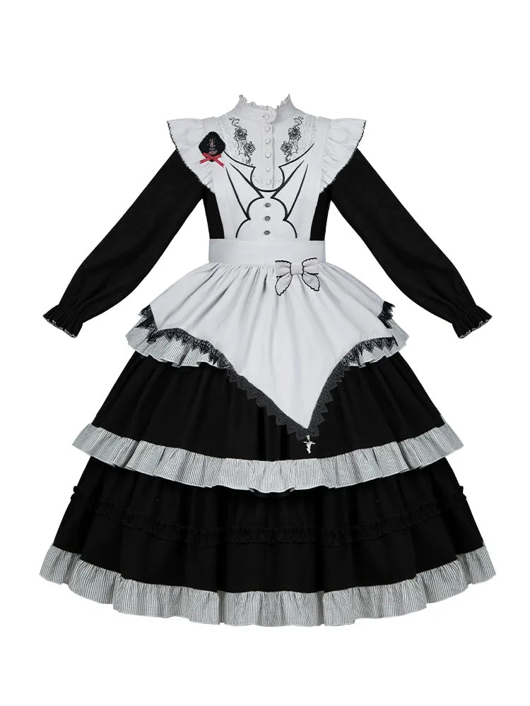 With PUJI~Castle Night~Gothic Twins Lolita OP Three-tiered Embroidery Dress