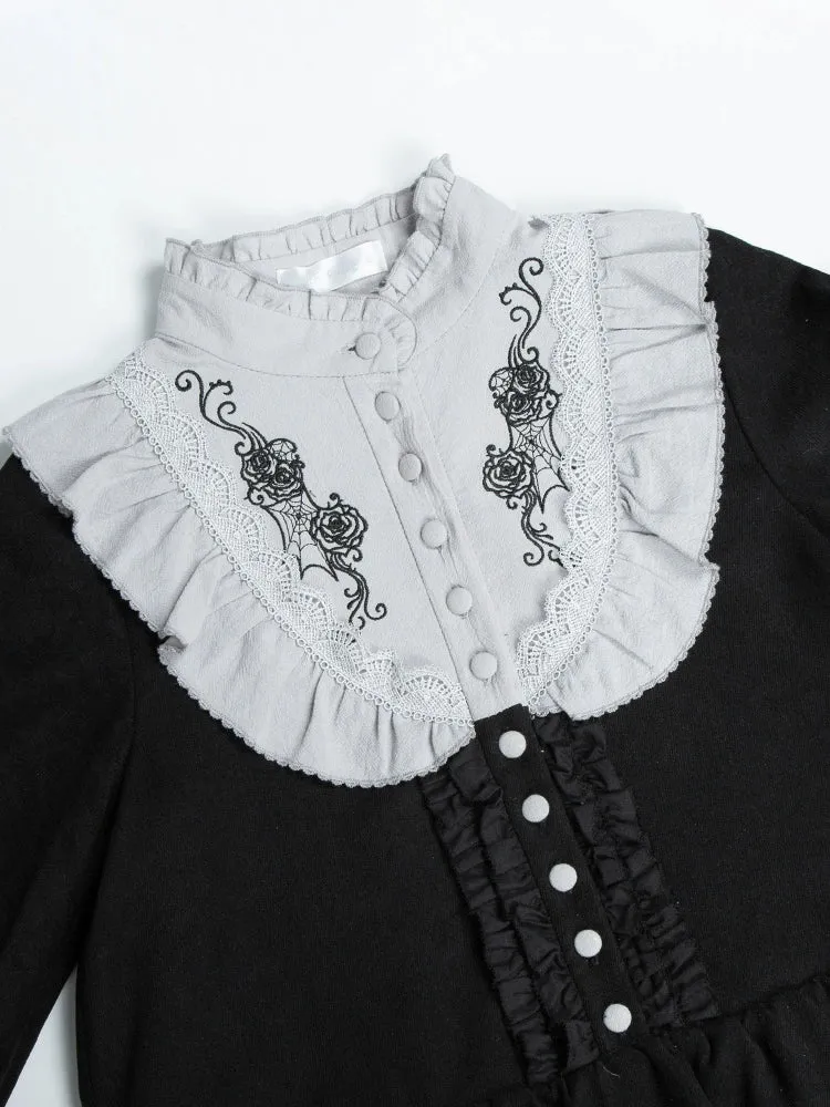 With PUJI~Castle Night~Gothic Twins Lolita OP Three-tiered Embroidery Dress