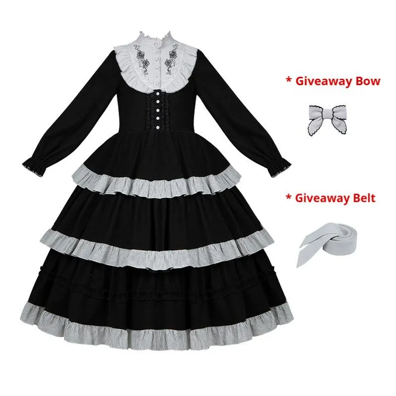 With PUJI~Castle Night~Gothic Twins Lolita OP Three-tiered Embroidery Dress