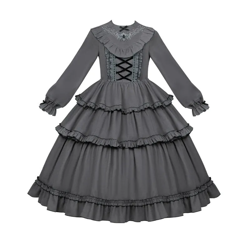With PUJI~Castle Night~Gothic Twins Lolita OP Three-tiered Embroidery Dress