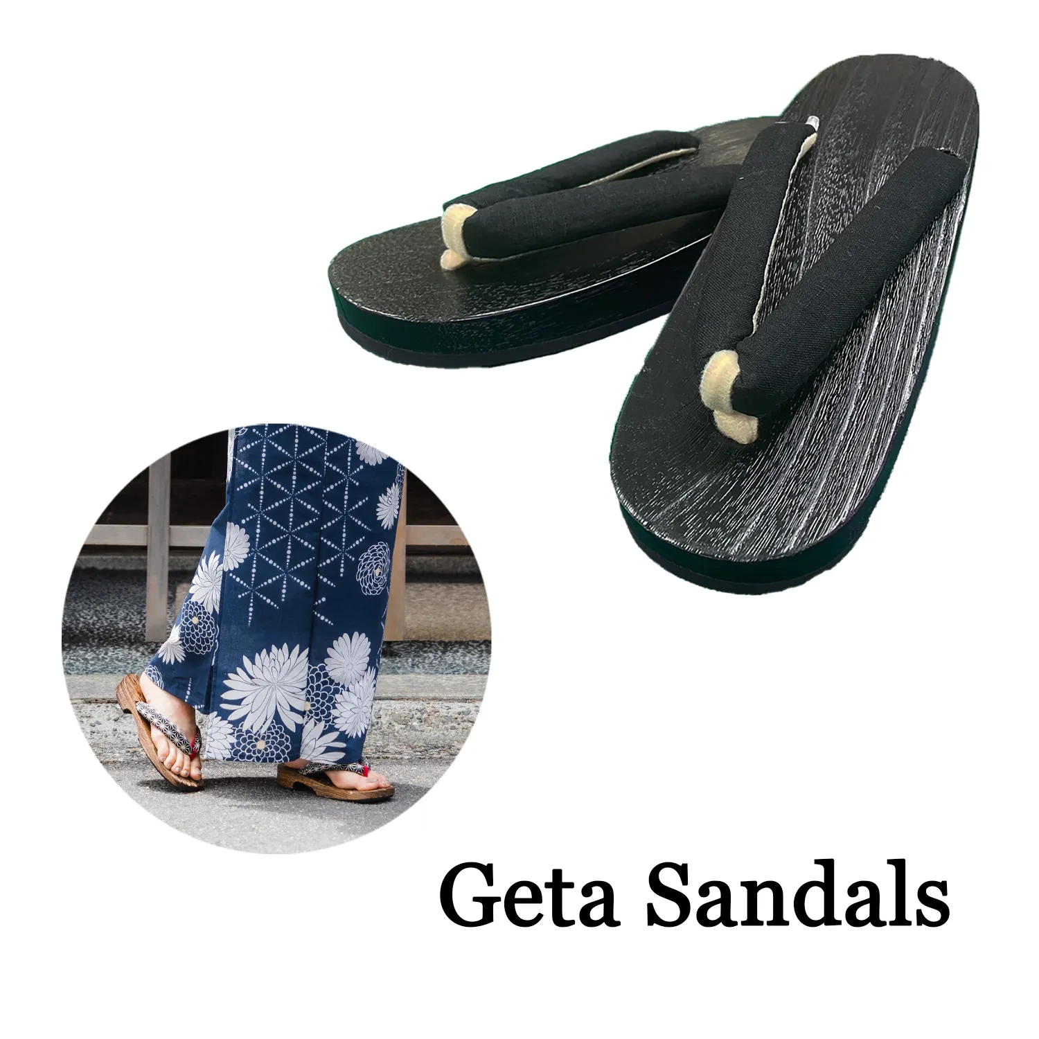 Woman's Wooden Geta Sandals : Black & Black sole