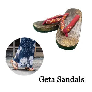 Woman's Wooden Geta Sandals : Dark Red Cherry & Brown sole