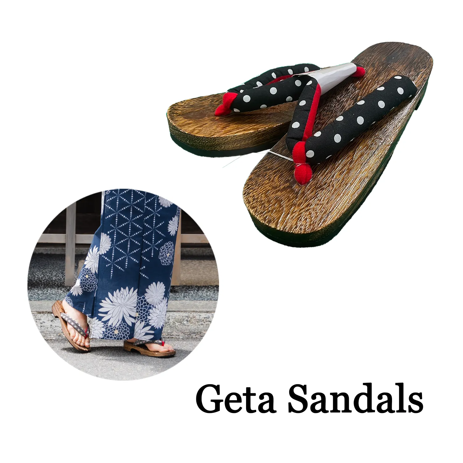 Woman's Wooden Geta Sandals : Drop of Water & Brown sole