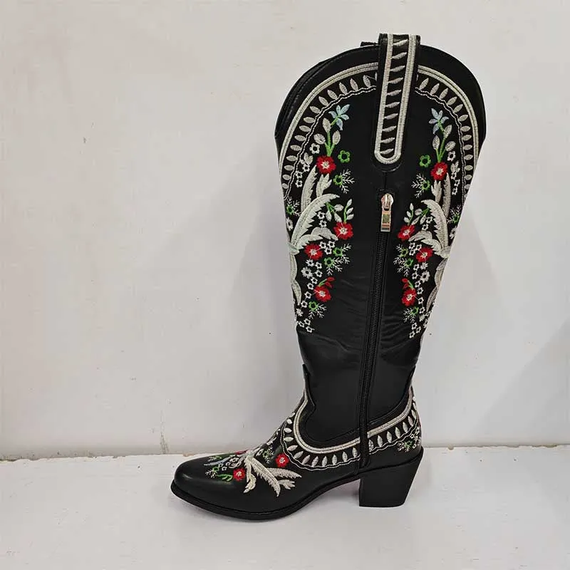 Women Black Embroidered Cowboy Boots Side Zipper Cowgirl Boots Knee High Chunky Boots