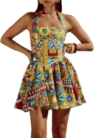 Women Boho Graffiti Cami Mini Dress Spaghetti Strap Printed A Line Short Dress Cute Colorful Sundress