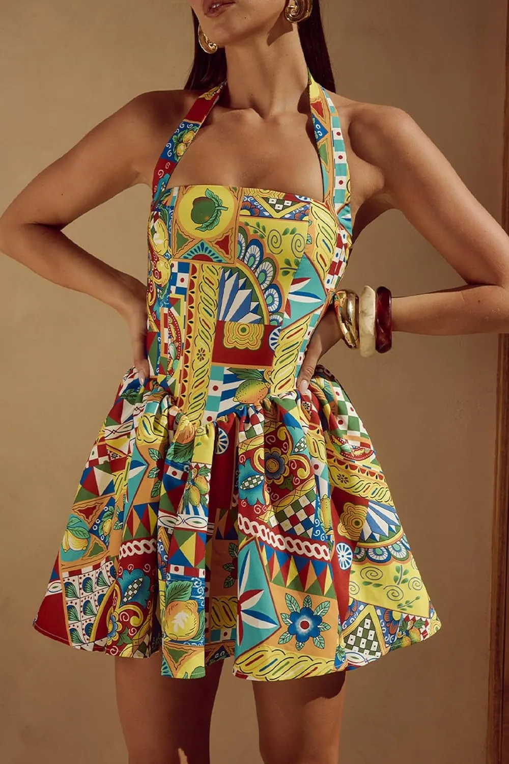 Women Boho Graffiti Cami Mini Dress Spaghetti Strap Printed A Line Short Dress Cute Colorful Sundress