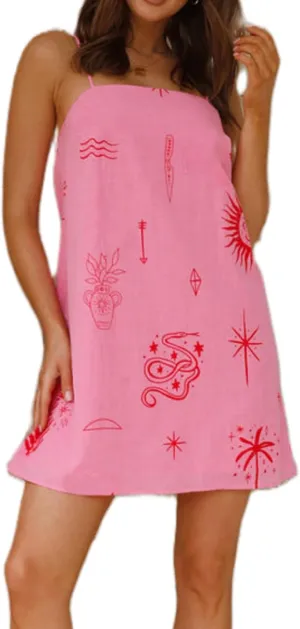 Women Boho Graffiti Cami Mini Dress Spaghetti Strap Printed A Line Short Dress Cute Colorful Sundress