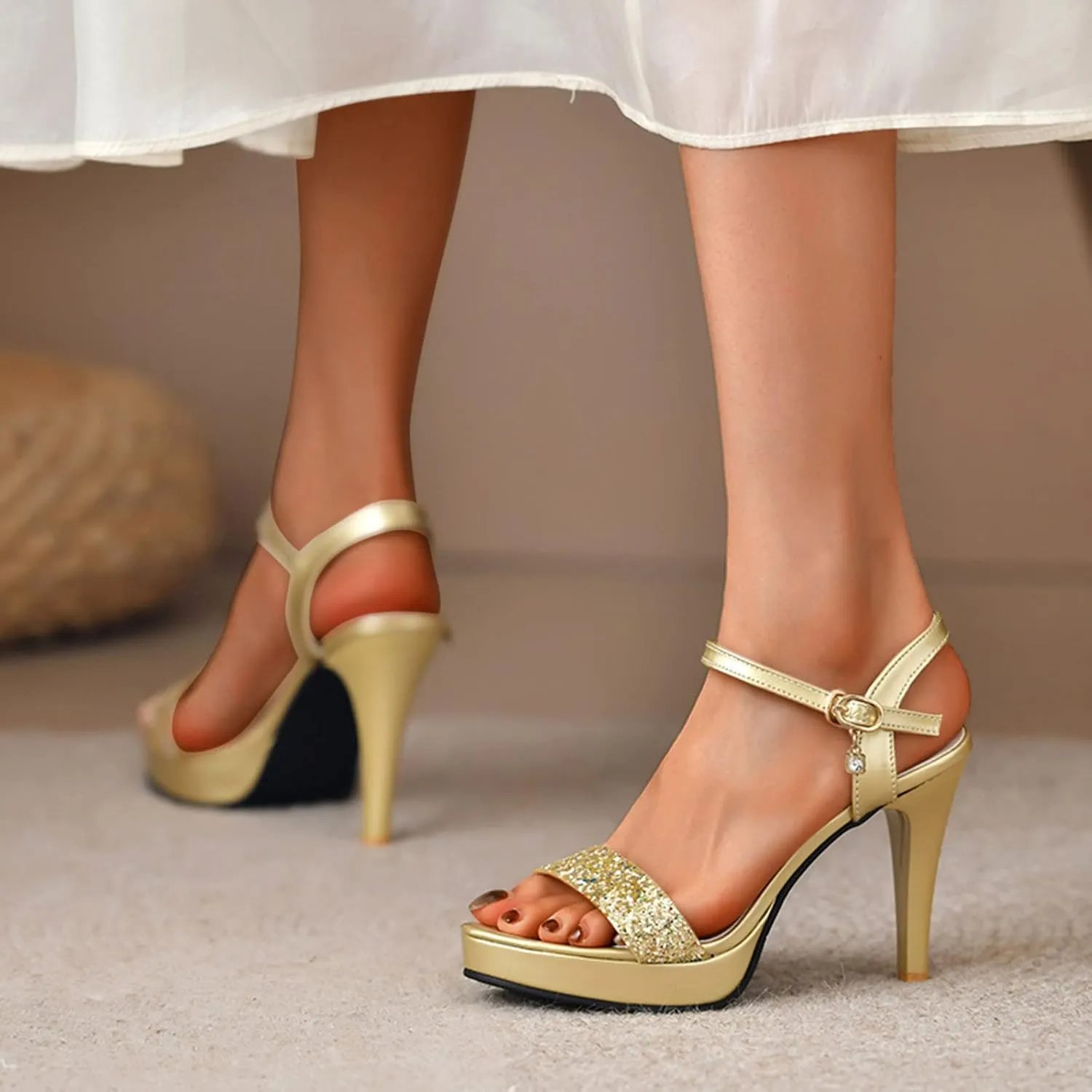 Women Chunky Heel Sandals Open Toe Square Toe Strappy Ankle Strap Comfortable Dress Shoes
