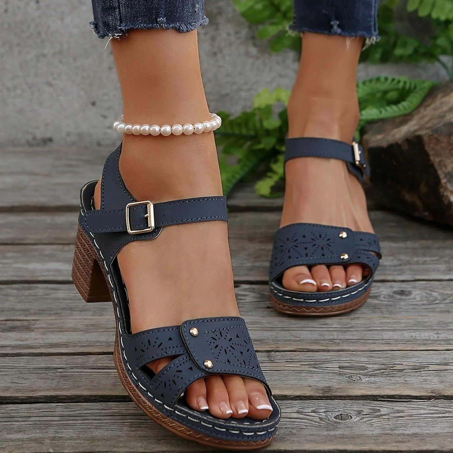 Women Open Toe Closed Back Counter Cutout Upper Low Block Heel Sandal with Adjustable Ankle Strap Womens Spring Shoes
