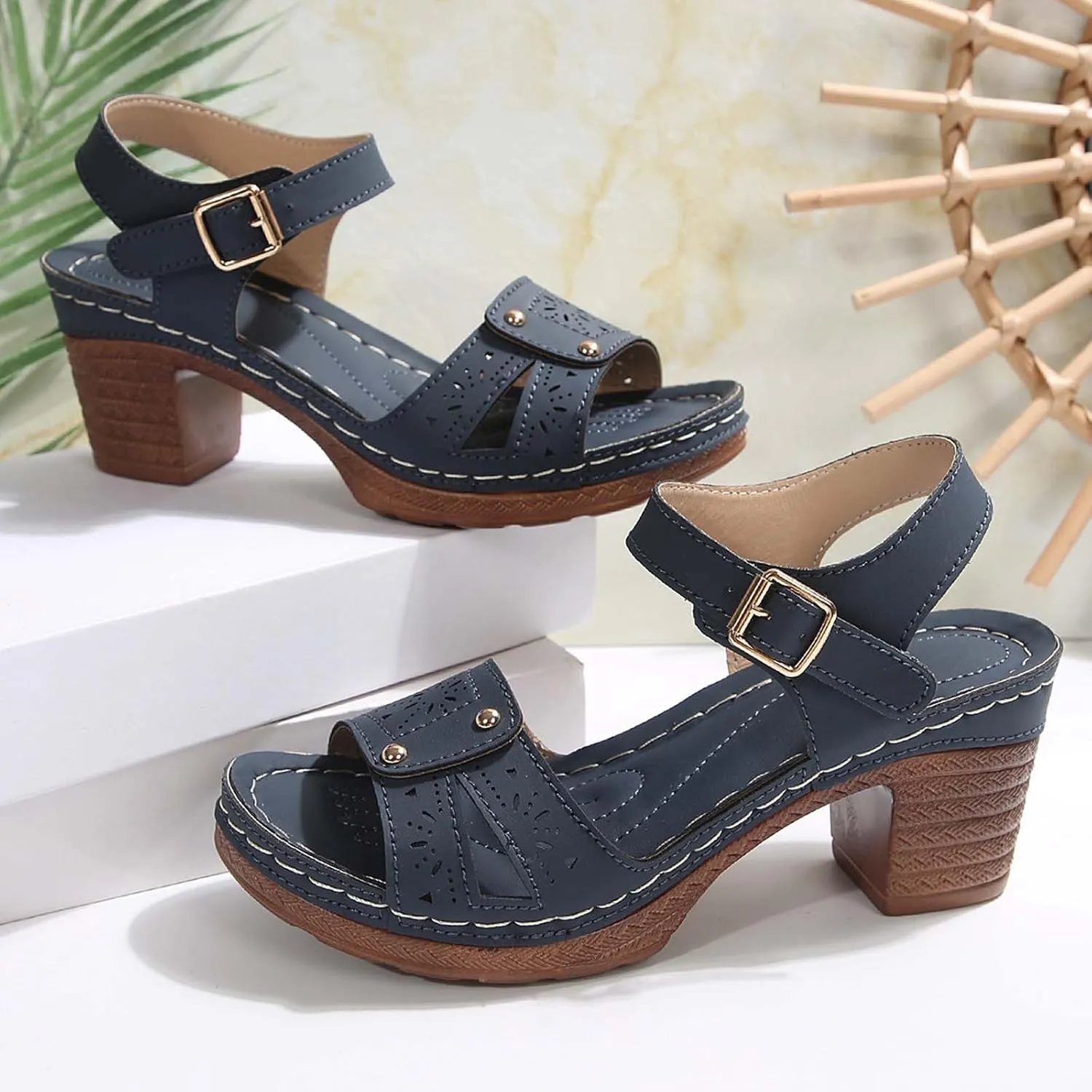 Women Open Toe Closed Back Counter Cutout Upper Low Block Heel Sandal with Adjustable Ankle Strap Womens Spring Shoes