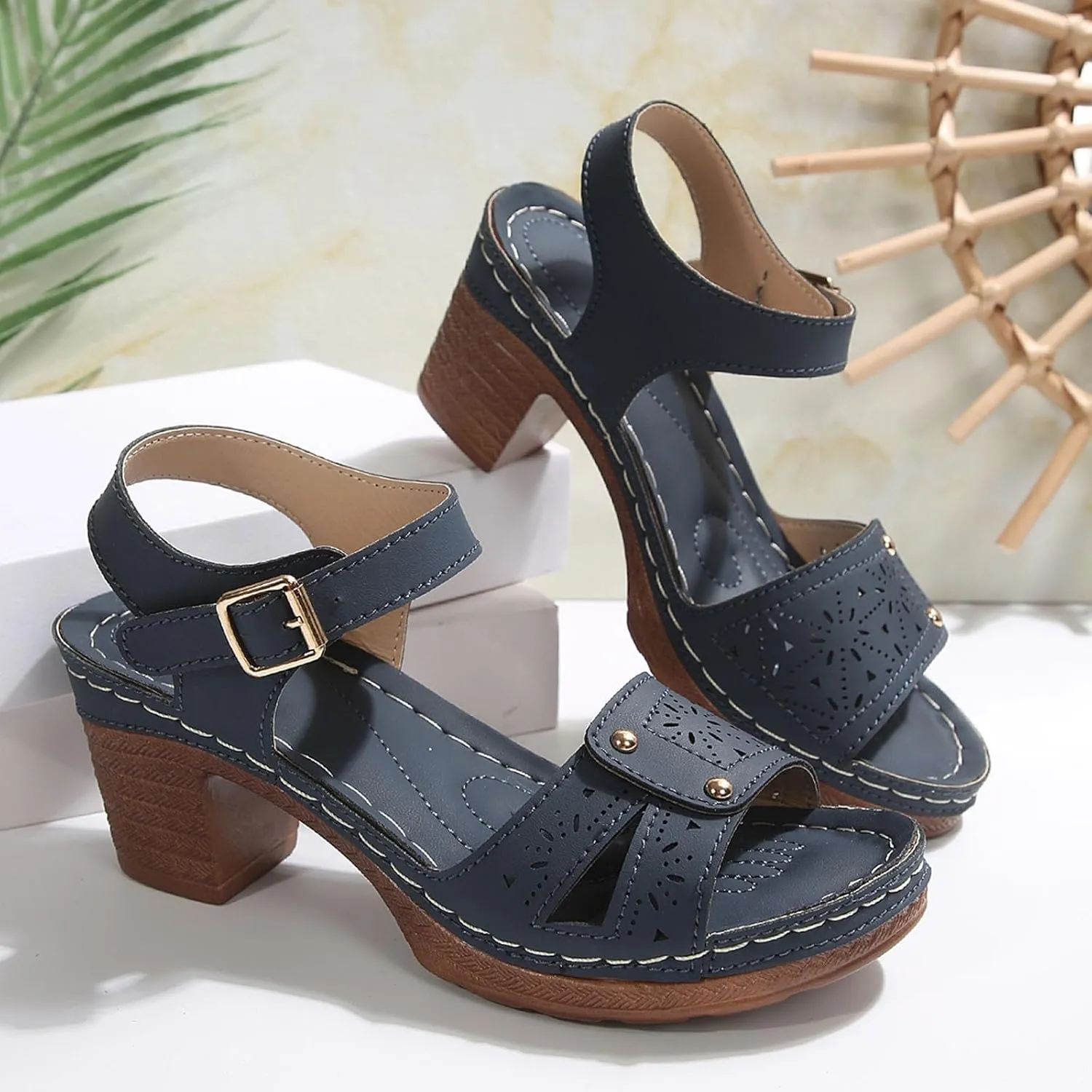 Women Open Toe Closed Back Counter Cutout Upper Low Block Heel Sandal with Adjustable Ankle Strap Womens Spring Shoes