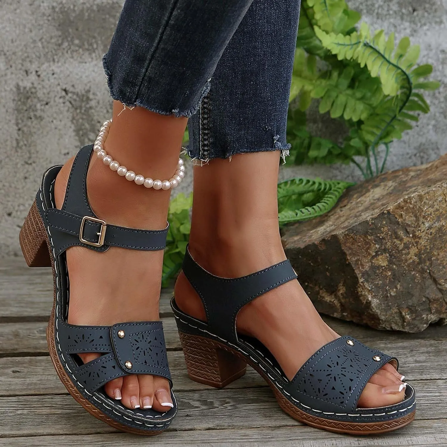 Women Open Toe Closed Back Counter Cutout Upper Low Block Heel Sandal with Adjustable Ankle Strap Womens Spring Shoes