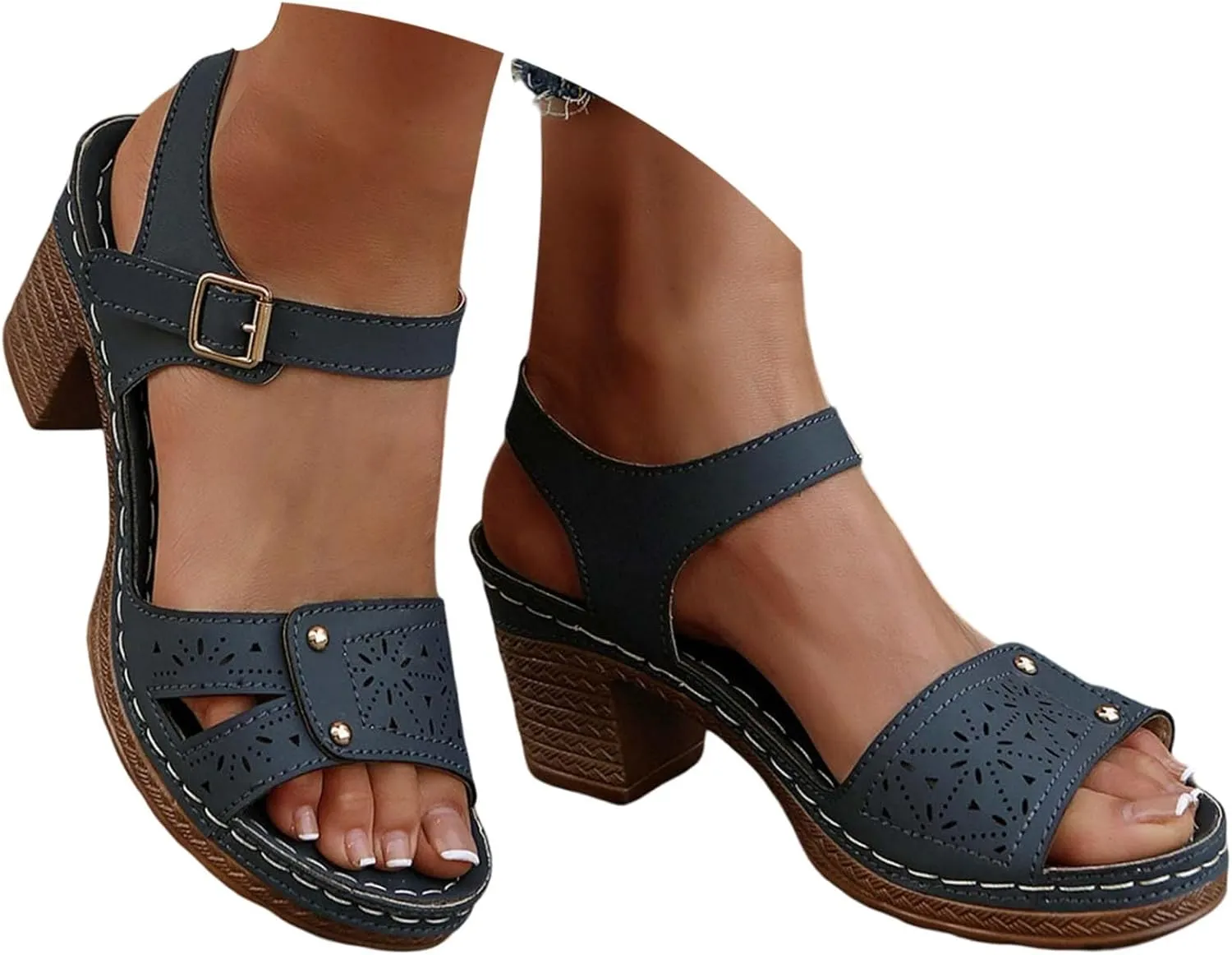 Women Open Toe Closed Back Counter Cutout Upper Low Block Heel Sandal with Adjustable Ankle Strap Womens Spring Shoes