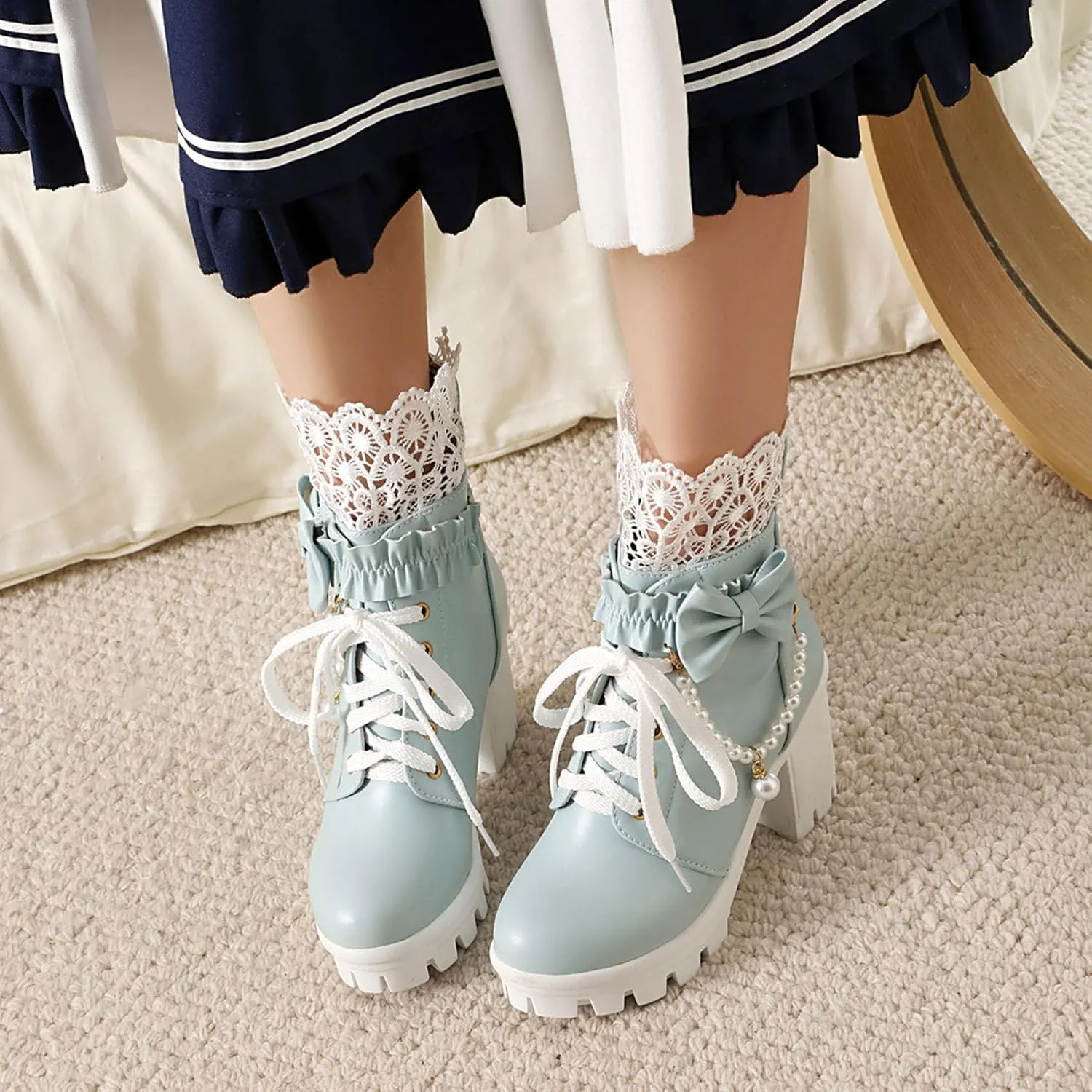 Women Platform Boots Cute Kawaii Lolita Boots Lace Bow Chunky High Heels Gothic Buckled Platform Ankle Booties Zipper Punk Cosplay Shoes