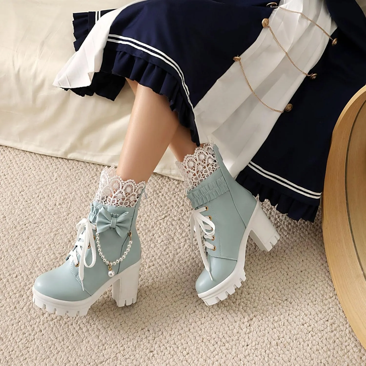 Women Platform Boots Cute Kawaii Lolita Boots Lace Bow Chunky High Heels Gothic Buckled Platform Ankle Booties Zipper Punk Cosplay Shoes