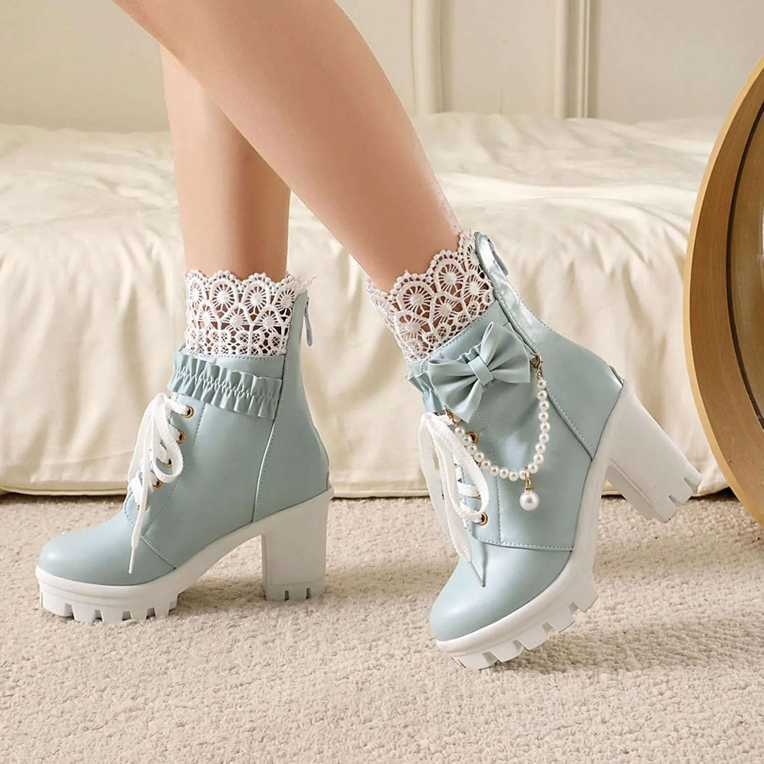 Women Platform Boots Cute Kawaii Lolita Boots Lace Bow Chunky High Heels Gothic Buckled Platform Ankle Booties Zipper Punk Cosplay Shoes