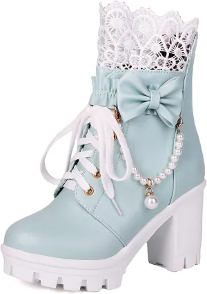 Women Platform Boots Cute Kawaii Lolita Boots Lace Bow Chunky High Heels Gothic Buckled Platform Ankle Booties Zipper Punk Cosplay Shoes