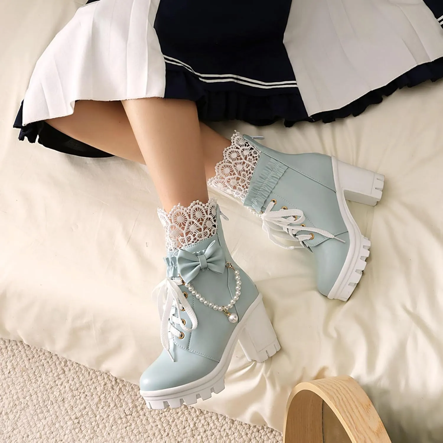 Women Platform Boots Cute Kawaii Lolita Boots Lace Bow Chunky High Heels Gothic Buckled Platform Ankle Booties Zipper Punk Cosplay Shoes