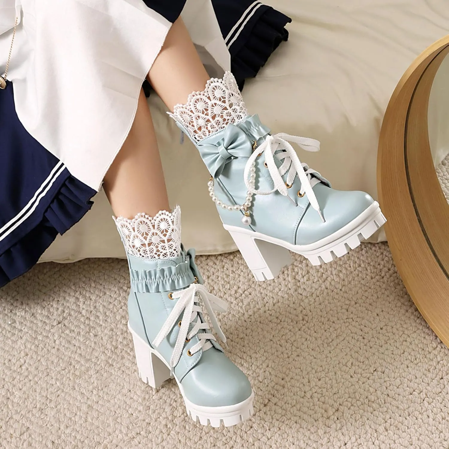 Women Platform Boots Cute Kawaii Lolita Boots Lace Bow Chunky High Heels Gothic Buckled Platform Ankle Booties Zipper Punk Cosplay Shoes