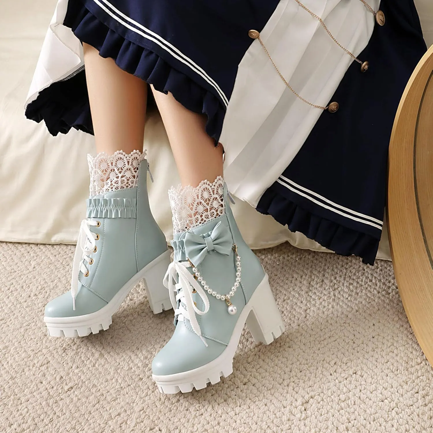 Women Platform Boots Cute Kawaii Lolita Boots Lace Bow Chunky High Heels Gothic Buckled Platform Ankle Booties Zipper Punk Cosplay Shoes