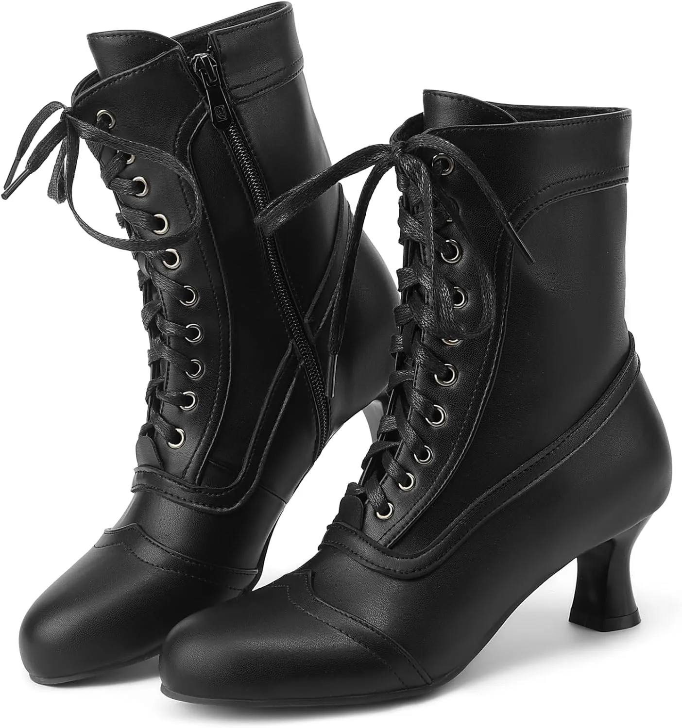 Women Victorian Boots Lace Up Ankle Boots Round Toe Kitten Heel Vintage Booties Side Zipper