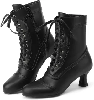 Women Victorian Boots Lace Up Ankle Boots Round Toe Kitten Heel Vintage Booties Side Zipper