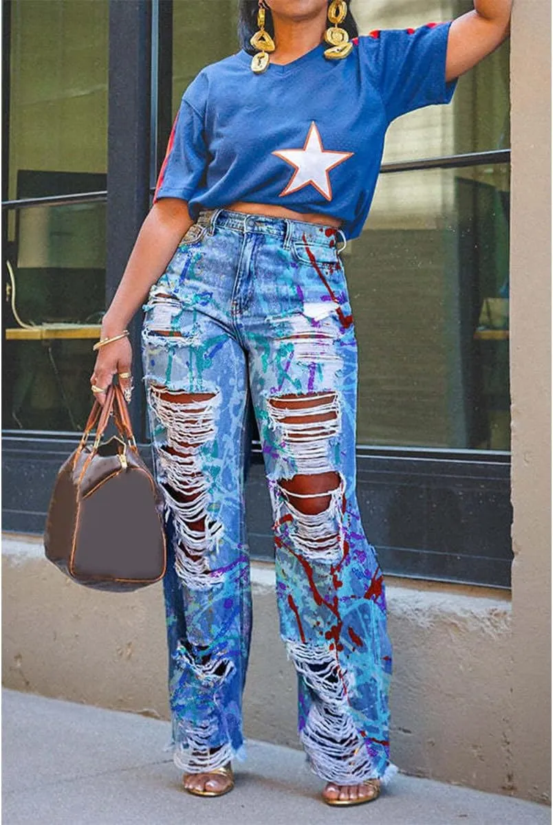 Women's Baggy High Waisted Jeans Stretchy Washed Graffiti Prints Ripped Straight Leg Denim Jeans