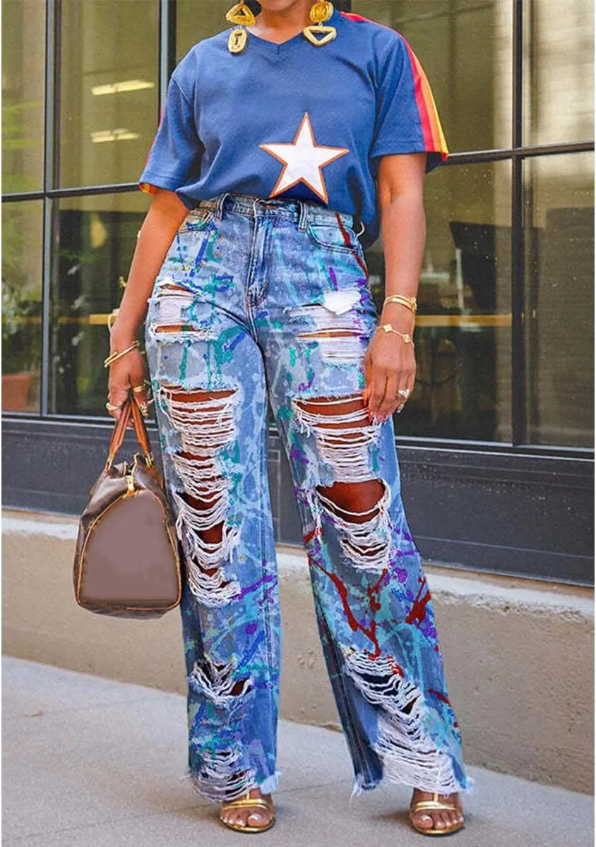 Women's Baggy High Waisted Jeans Stretchy Washed Graffiti Prints Ripped Straight Leg Denim Jeans