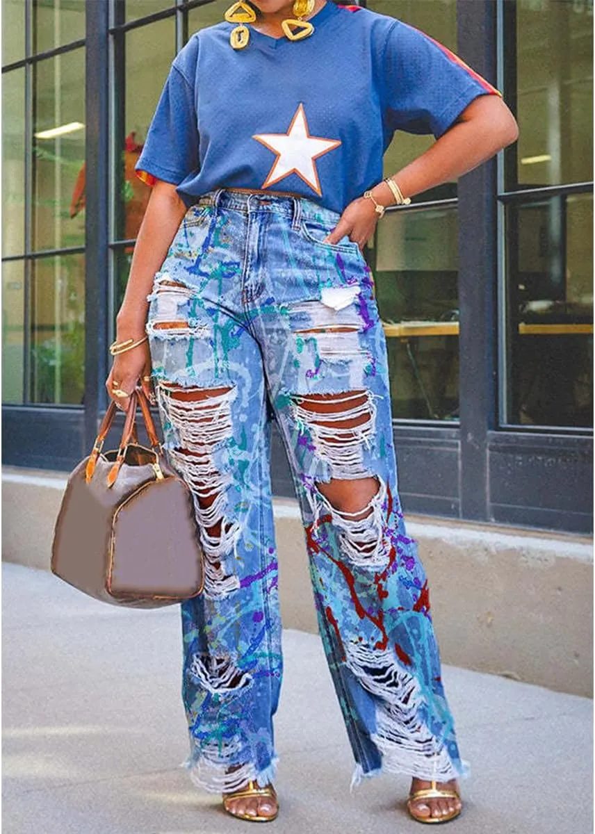 Women's Baggy High Waisted Jeans Stretchy Washed Graffiti Prints Ripped Straight Leg Denim Jeans