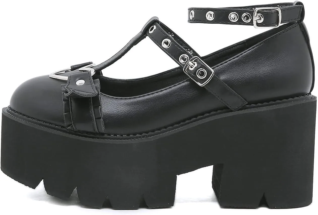 Women's Black High Heel Mary Jane Platform Shoes, Gothic Kawaii Round Toe Chunky Heels Lolita Shoes, Cute Buckle Cosplay Goth Pumps
