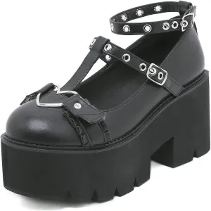 Women's Black High Heel Mary Jane Platform Shoes, Gothic Kawaii Round Toe Chunky Heels Lolita Shoes, Cute Buckle Cosplay Goth Pumps