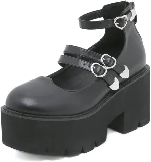 Women's Black High Heel Mary Jane Platform Shoes, Gothic Kawaii Round Toe Chunky Heels Lolita Shoes, Cute Buckle Cosplay Goth Pumps