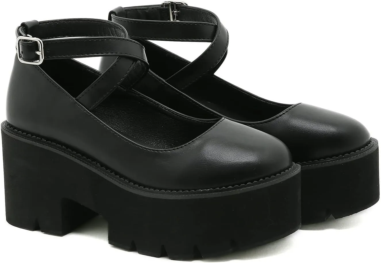 Women's Black High Heel Mary Jane Platform Shoes, Gothic Kawaii Round Toe Chunky Heels Lolita Shoes, Cute Buckle Cosplay Goth Pumps