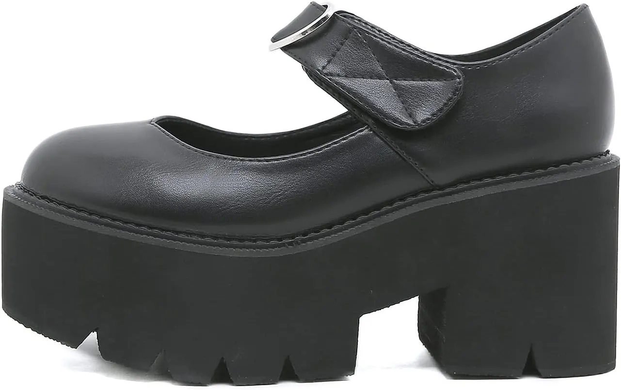 Women's Black High Heel Mary Jane Platform Shoes, Gothic Kawaii Round Toe Chunky Heels Lolita Shoes, Cute Buckle Cosplay Goth Pumps