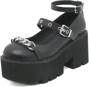 Women's Black High Heel Mary Jane Platform Shoes, Gothic Kawaii Round Toe Chunky Heels Lolita Shoes, Cute Buckle Cosplay Goth Pumps