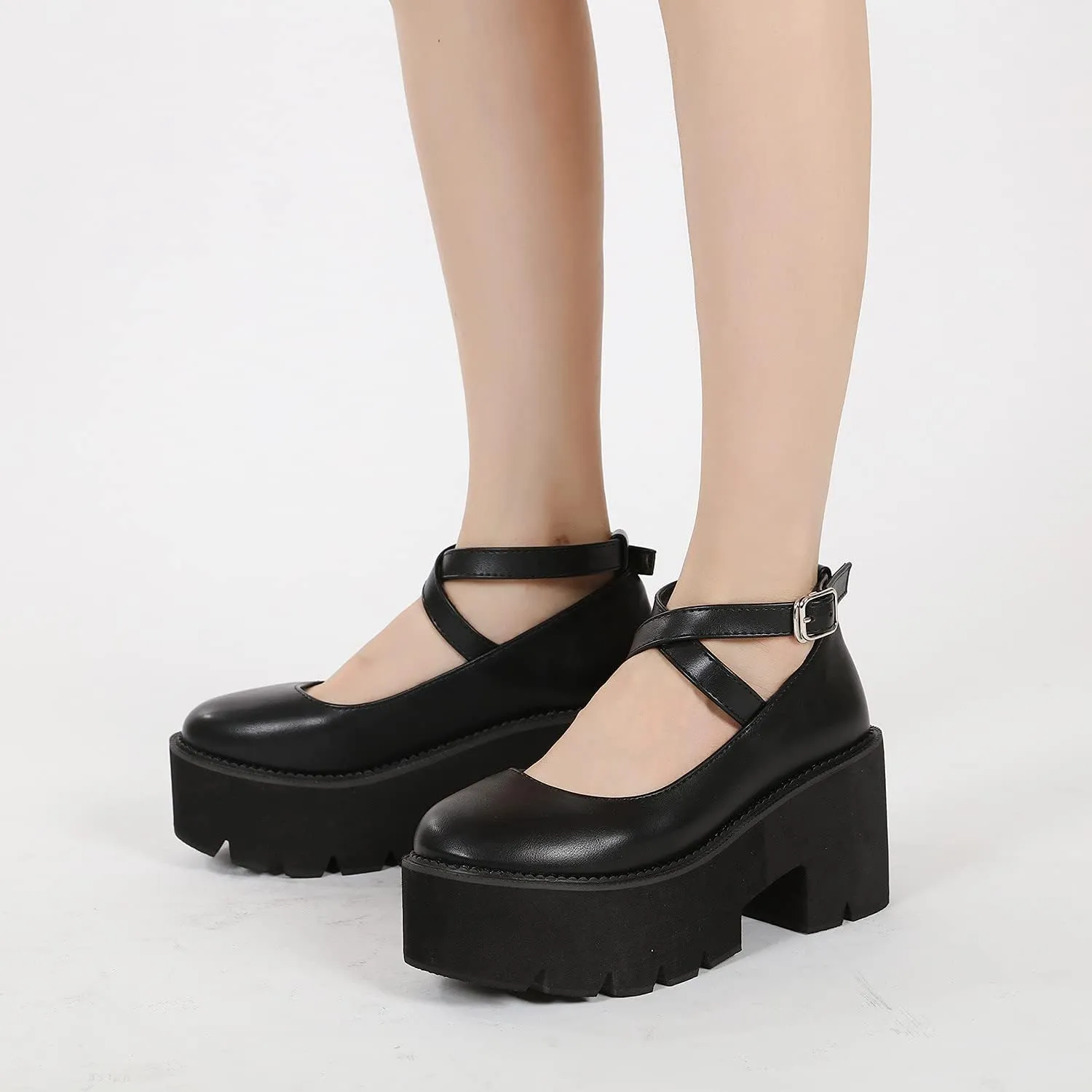 Women's Black High Heel Mary Jane Platform Shoes, Gothic Kawaii Round Toe Chunky Heels Lolita Shoes, Cute Buckle Cosplay Goth Pumps