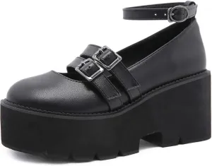 Women's Black High Heel Mary Jane Platform Shoes, Gothic Kawaii Round Toe Chunky Heels Lolita Shoes, Cute Buckle Cosplay Goth Pumps
