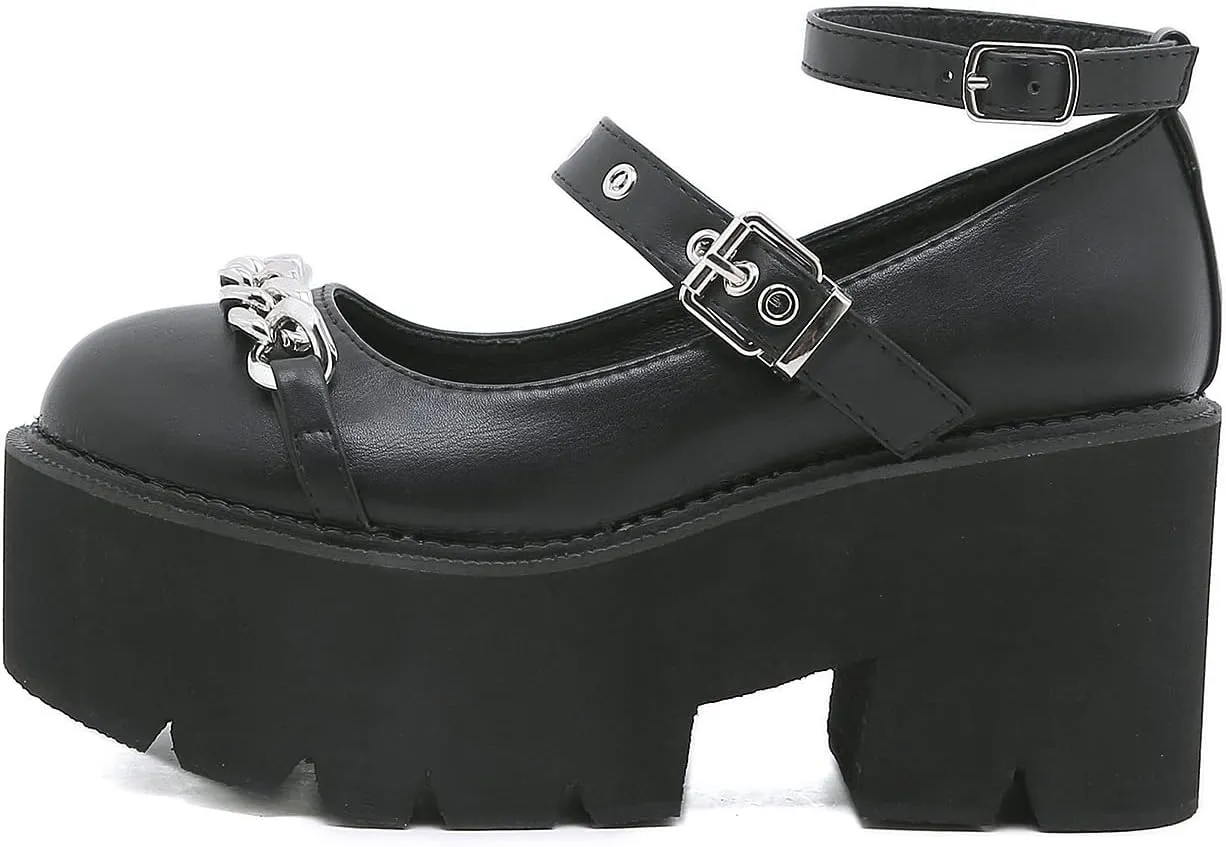Women's Black High Heel Mary Jane Platform Shoes, Gothic Kawaii Round Toe Chunky Heels Lolita Shoes, Cute Buckle Cosplay Goth Pumps