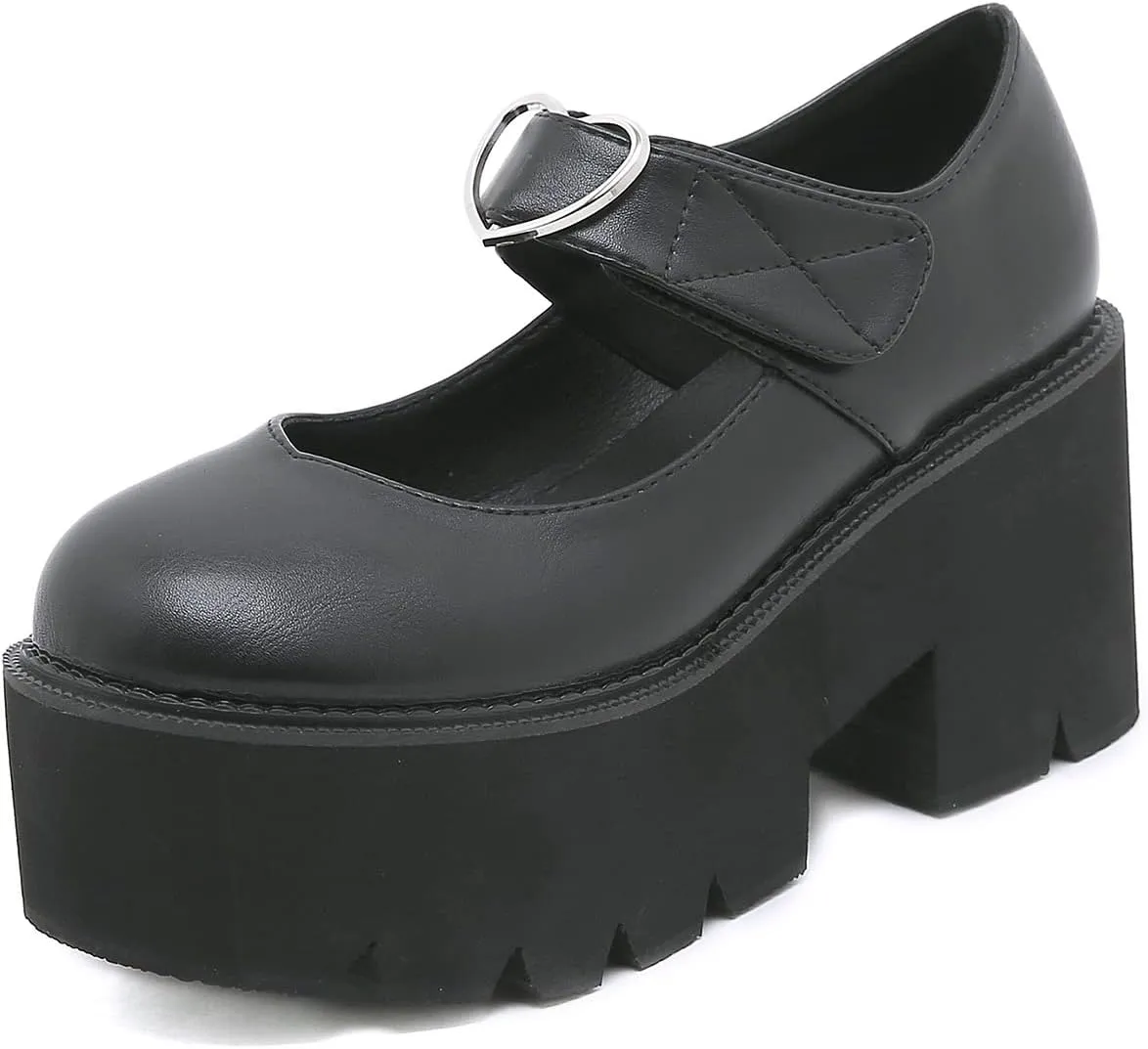 Women's Black High Heel Mary Jane Platform Shoes, Gothic Kawaii Round Toe Chunky Heels Lolita Shoes, Cute Buckle Cosplay Goth Pumps