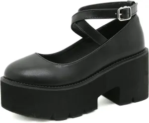 Women's Black High Heel Mary Jane Platform Shoes, Gothic Kawaii Round Toe Chunky Heels Lolita Shoes, Cute Buckle Cosplay Goth Pumps
