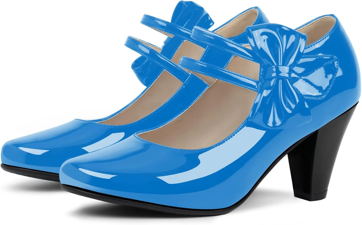 Women's Bowknot Patent Leather Sweet Closed Toe Chunky High Heel Mary Janes Pumps Almond Toe Hook Loop Ankle Strap Vintage Shoes