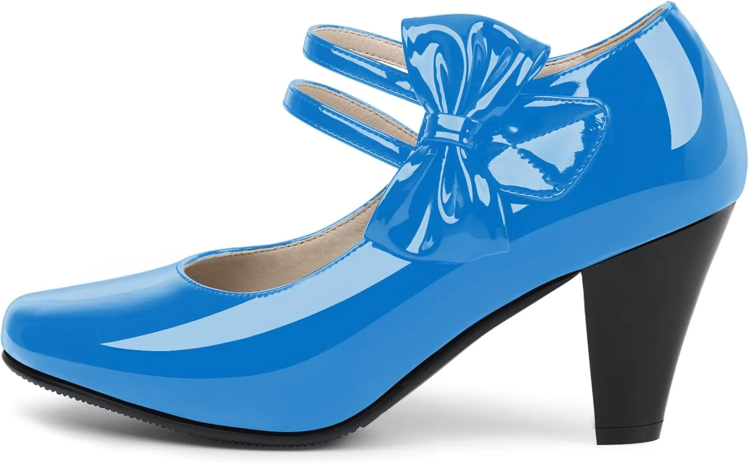 Women's Bowknot Patent Leather Sweet Closed Toe Chunky High Heel Mary Janes Pumps Almond Toe Hook Loop Ankle Strap Vintage Shoes