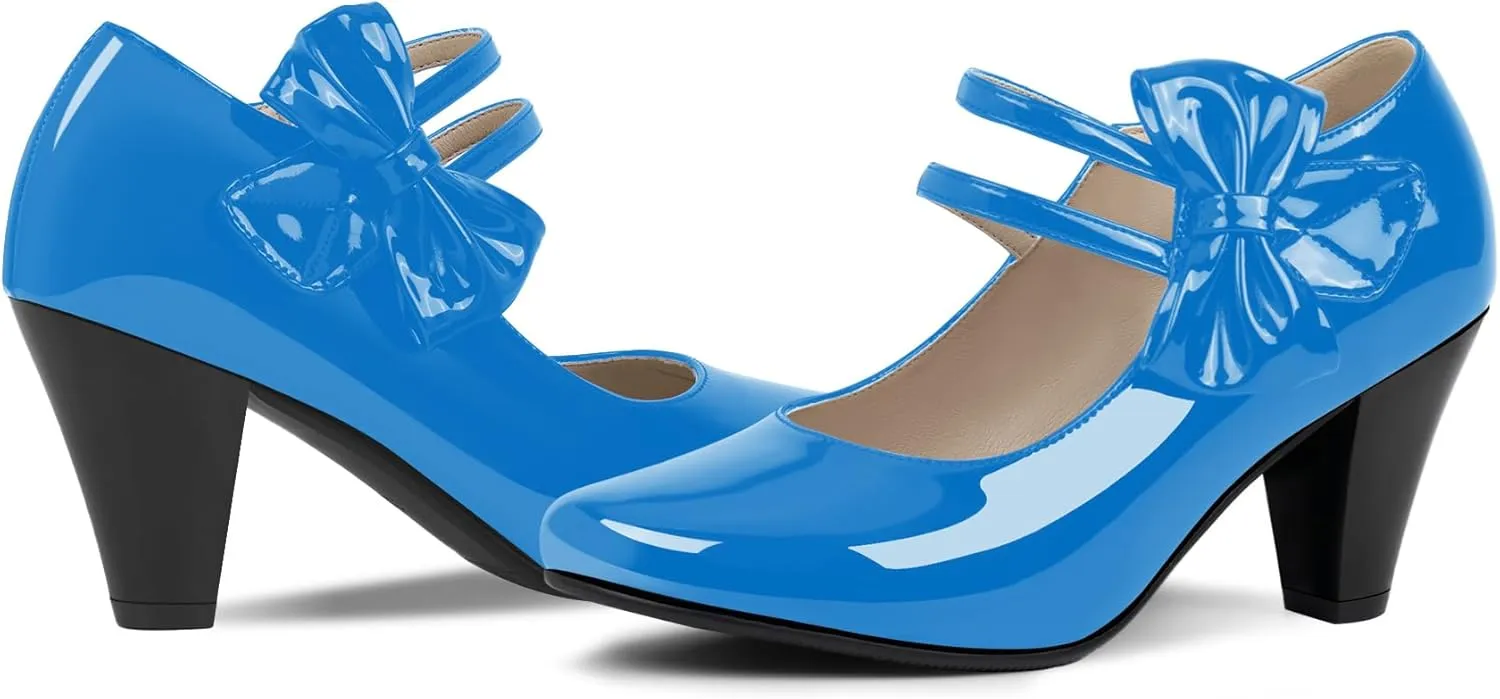 Women's Bowknot Patent Leather Sweet Closed Toe Chunky High Heel Mary Janes Pumps Almond Toe Hook Loop Ankle Strap Vintage Shoes