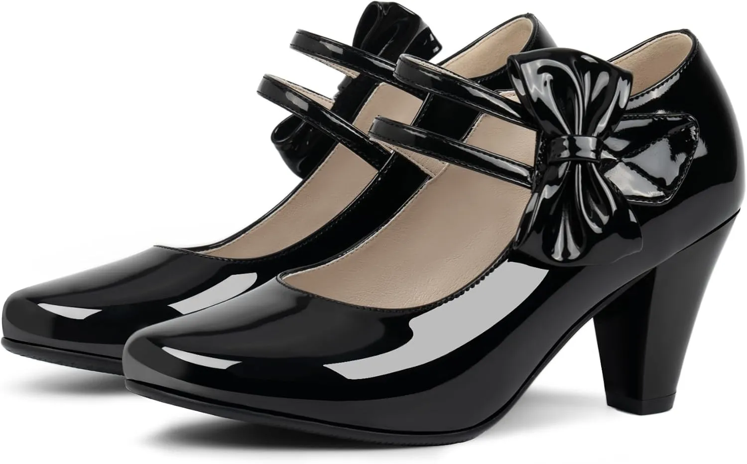 Women's Bowknot Patent Leather Sweet Closed Toe Chunky High Heel Mary Janes Pumps Almond Toe Hook Loop Ankle Strap Vintage Shoes