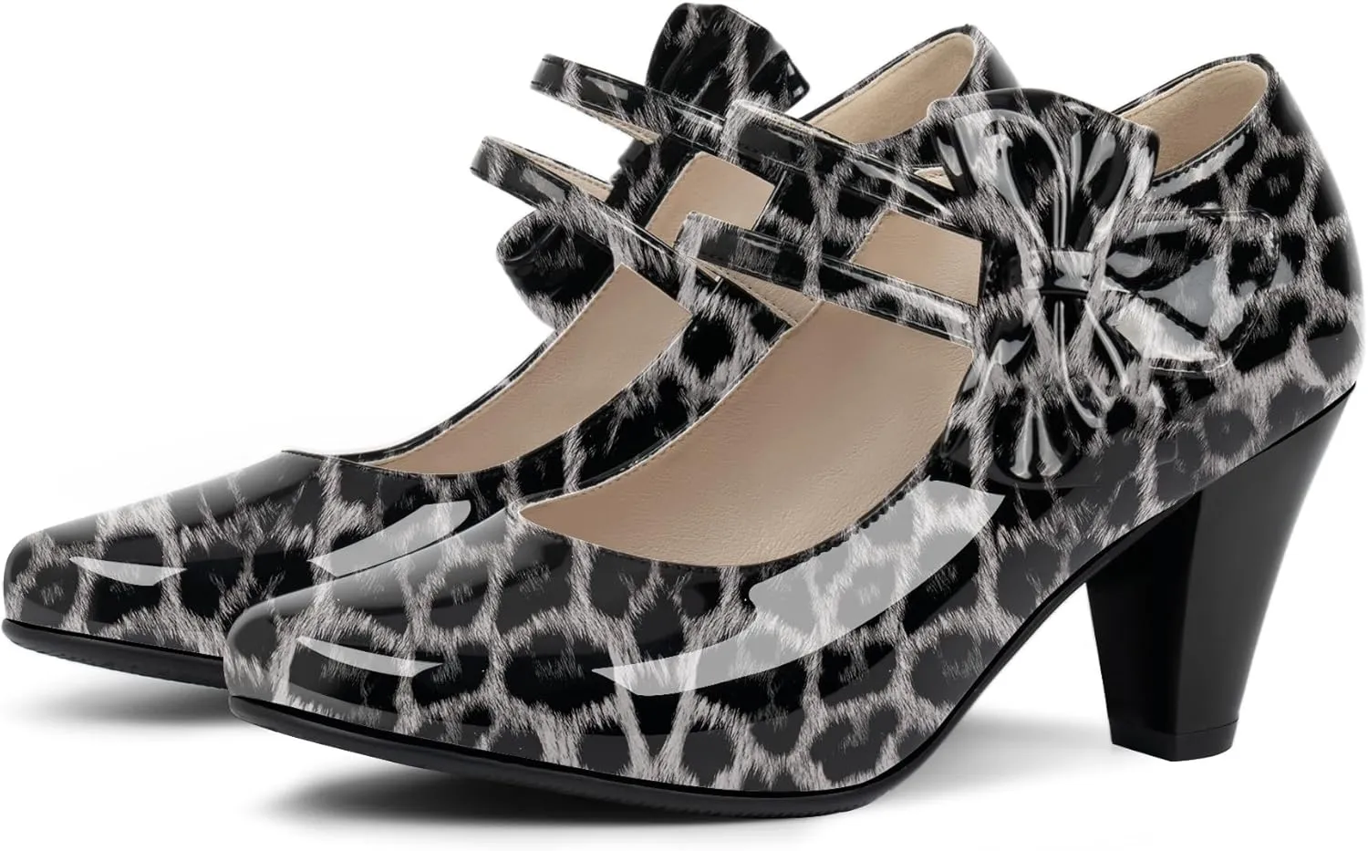 Women's Bowknot Patent Leather Sweet Closed Toe Chunky High Heel Mary Janes Pumps Almond Toe Hook Loop Ankle Strap Vintage Shoes