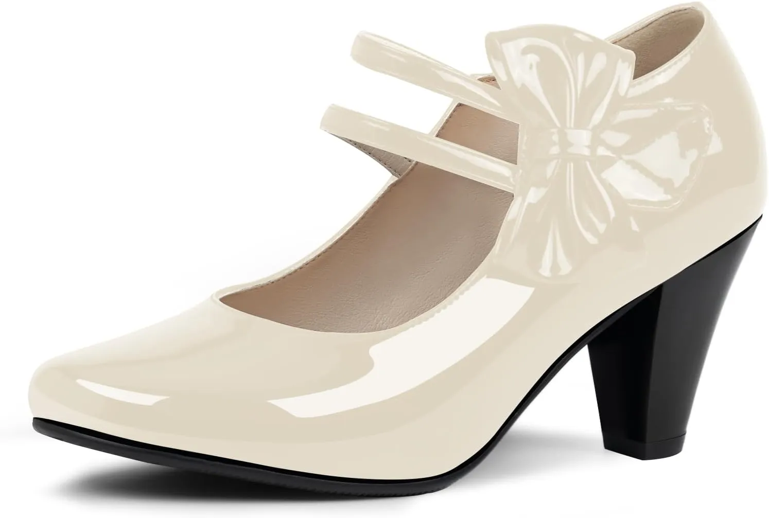Women's Bowknot Patent Leather Sweet Closed Toe Chunky High Heel Mary Janes Pumps Almond Toe Hook Loop Ankle Strap Vintage Shoes