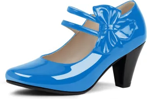 Women's Bowknot Patent Leather Sweet Closed Toe Chunky High Heel Mary Janes Pumps Almond Toe Hook Loop Ankle Strap Vintage Shoes