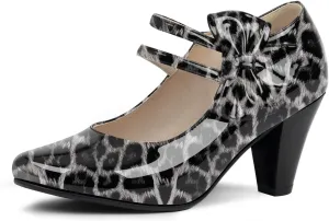 Women's Bowknot Patent Leather Sweet Closed Toe Chunky High Heel Mary Janes Pumps Almond Toe Hook Loop Ankle Strap Vintage Shoes